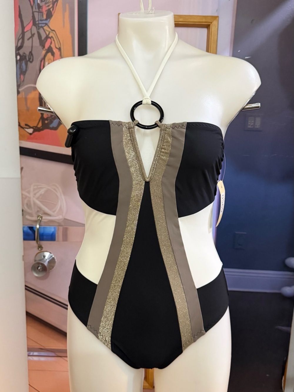 Red Carter Striking Black One-Piece Swimsuit with Taupe & Gold Accents